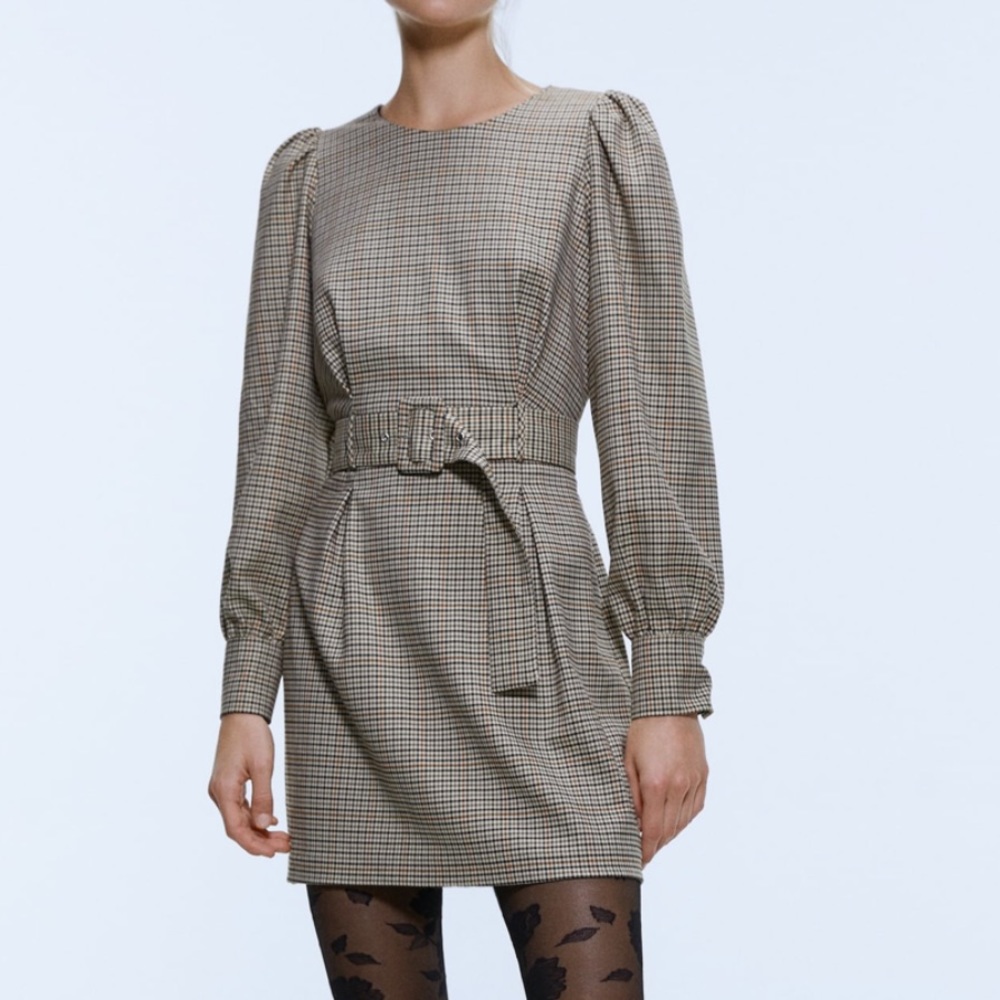 Zara plaid houndstooth mini dress belted bloggers